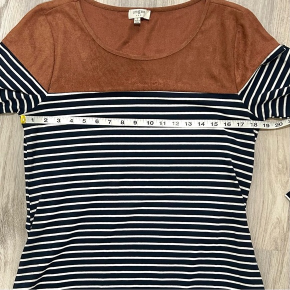 Umgee Long Sleeve Navy Stripe Dress Brown Faux Suede Elbow Patch Pockets Size S - Picture 4 of 7